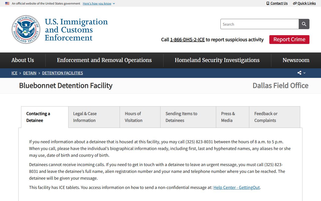ICE Bluebonnet Detention Facility page