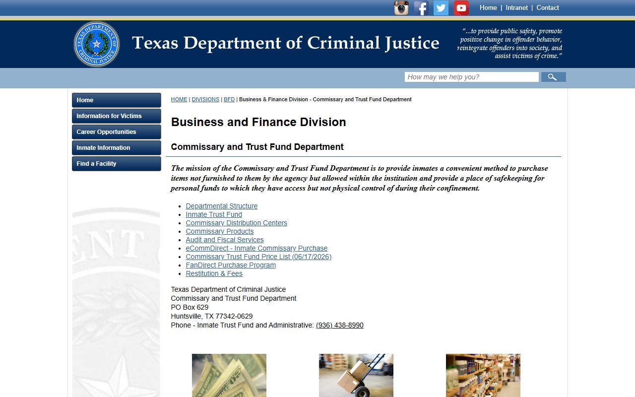 TDCJ commissary and trust fund page