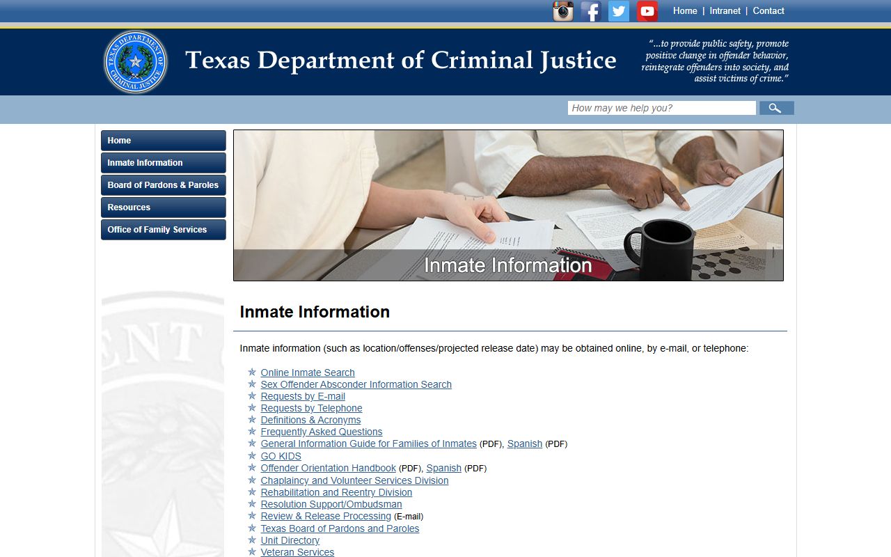 TDCJ inmate information page with online email and telephone channels