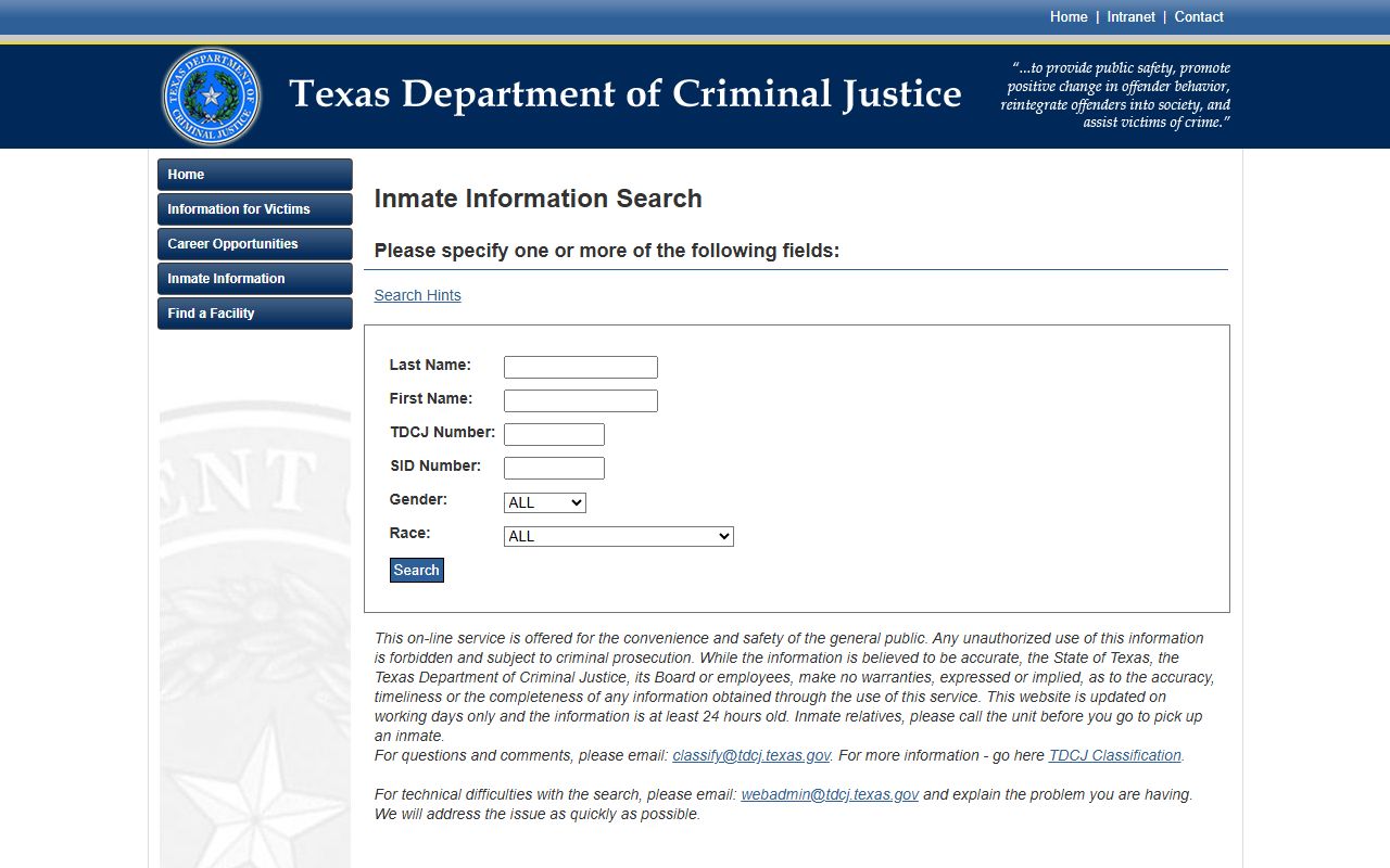 TDCJ sentenced inmate locator search page