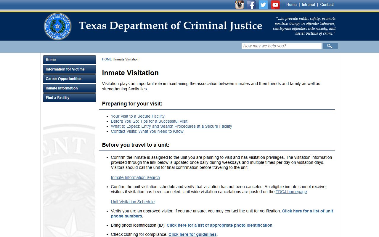 TDCJ visitation information page for state prison visits